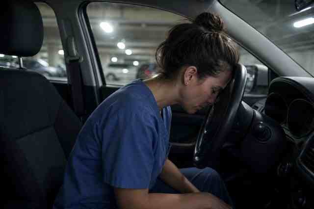 Surgical technologist in scrubs sitting in a hospital break room after a long shift