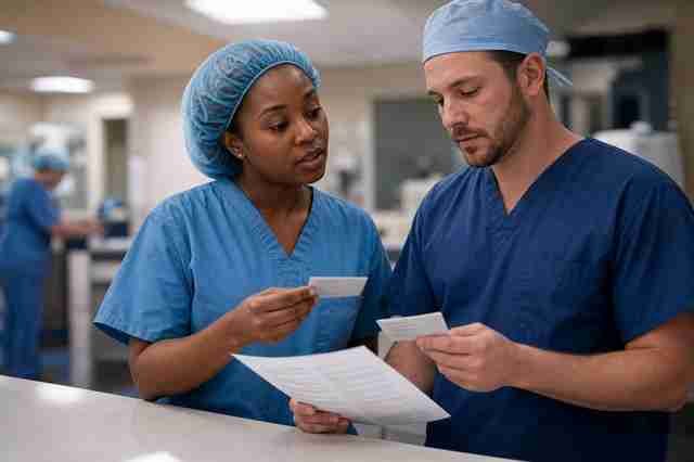 Two surgical technologists in scrubs talking in a hospital corridor about certification