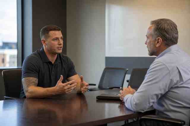 Military veteran surgical technologist in scrubs talking with a civilian OR manager