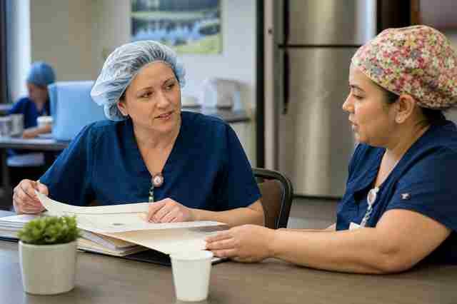 Surgical technologist in scrubs studying continuing-education materials at a hospital table