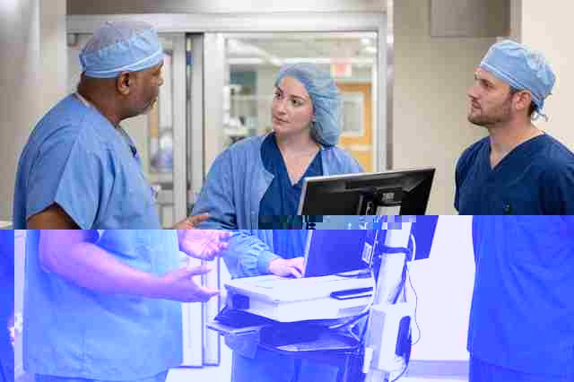 Surgical team including a tech, circulating nurse, and surgeon working together in an OR