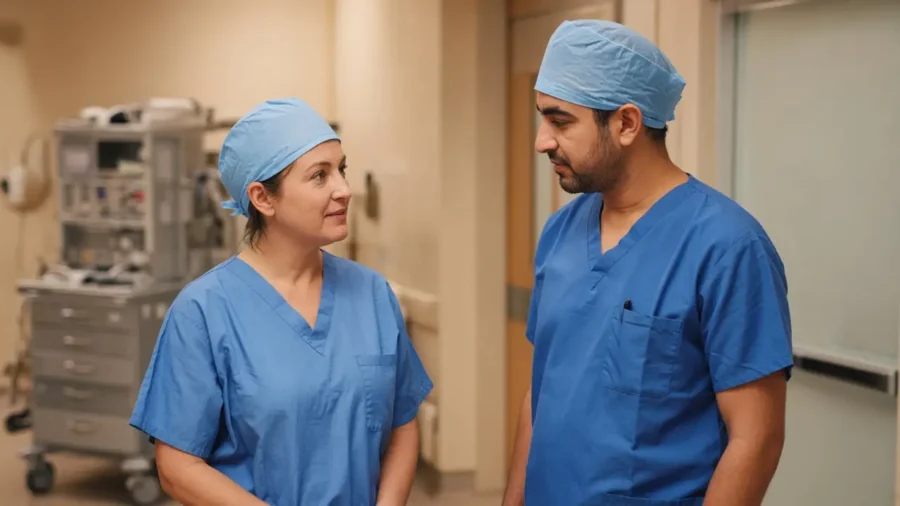 Surgical technologist and circulating nurse talking outside a cardiac operating room before a case
