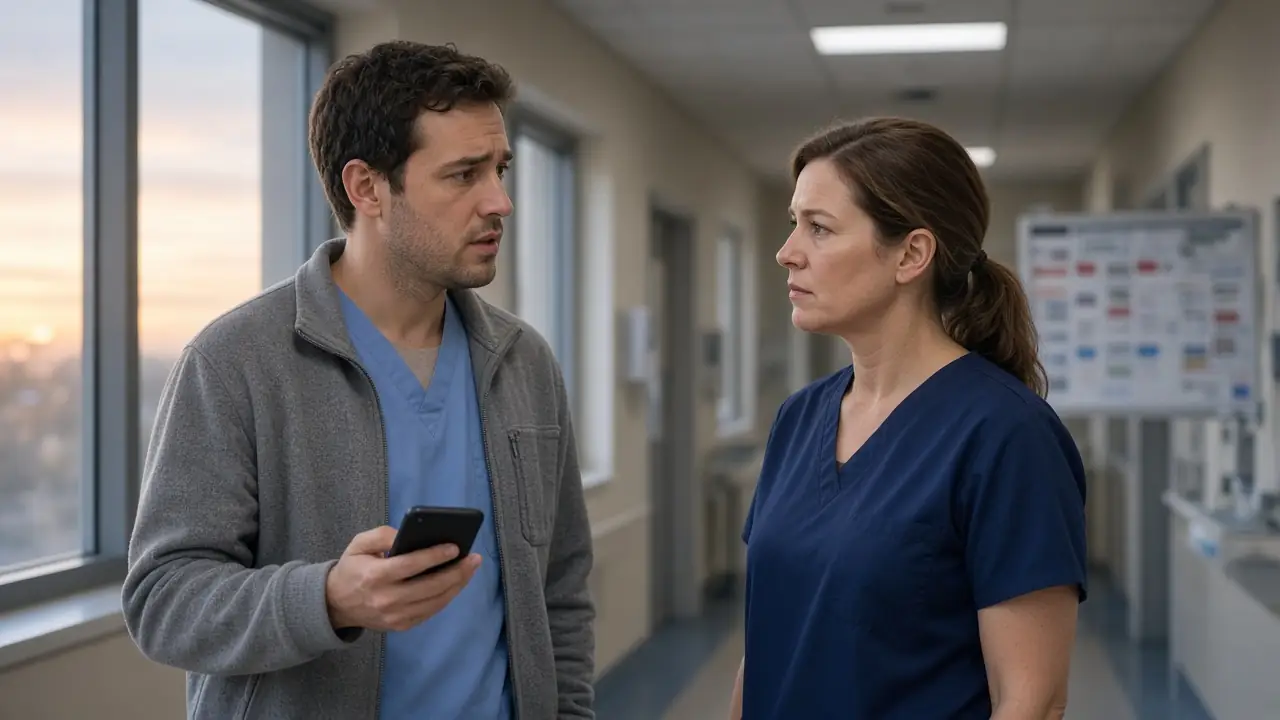 Surgical technologist in scrubs talking with a charge nurse in a hospital hallway at dawn