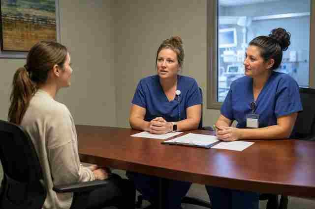 Surgical technologist in scrubs shaking hands with a hiring manager in a hospital office